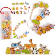 Medinės gyvūnų kaladėlės sujungiamos virvute „Classic World“