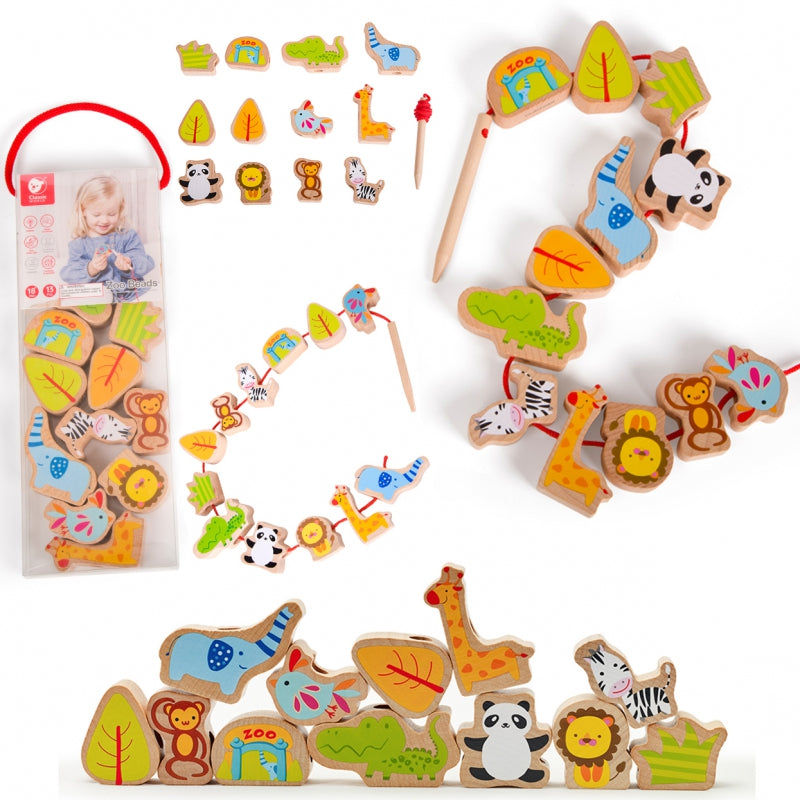 Medinės gyvūnų kaladėlės sujungiamos virvute „Classic World“