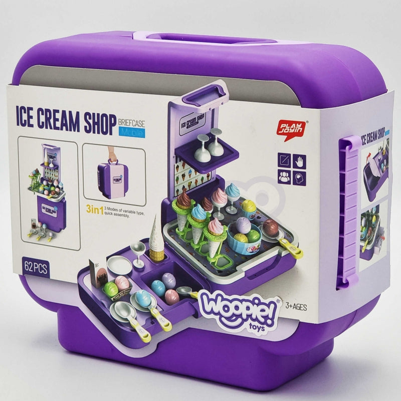 Žaislinė ledų parduotuvė su priedais lagaminėlyje 3in1, vioeltinis WOOPIE