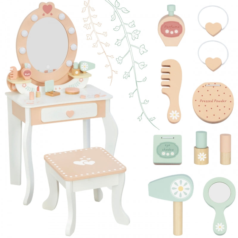 Medinis tualetinis staliukas su kėdė, priedais ir LED apšvietimu TOOKY TOY