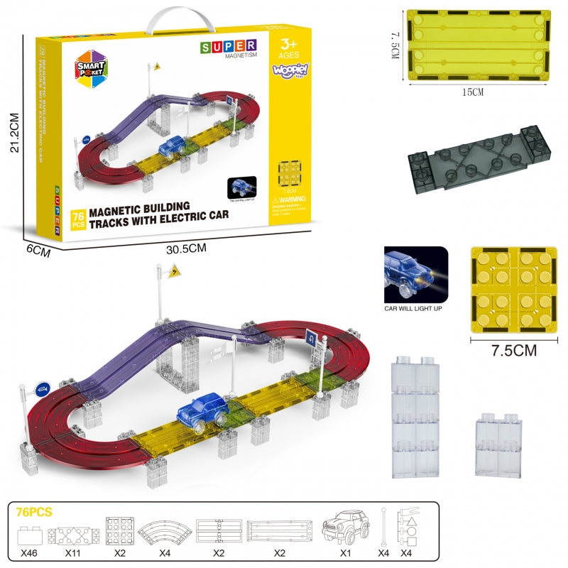 Magnetinė lenktynių trasa su LED automobiliu 76 el., WOOPIE