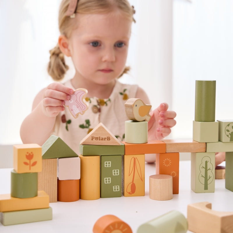 Medinių montessori kaladėlių rinkinys 50 el, gyvūnai, VIGA