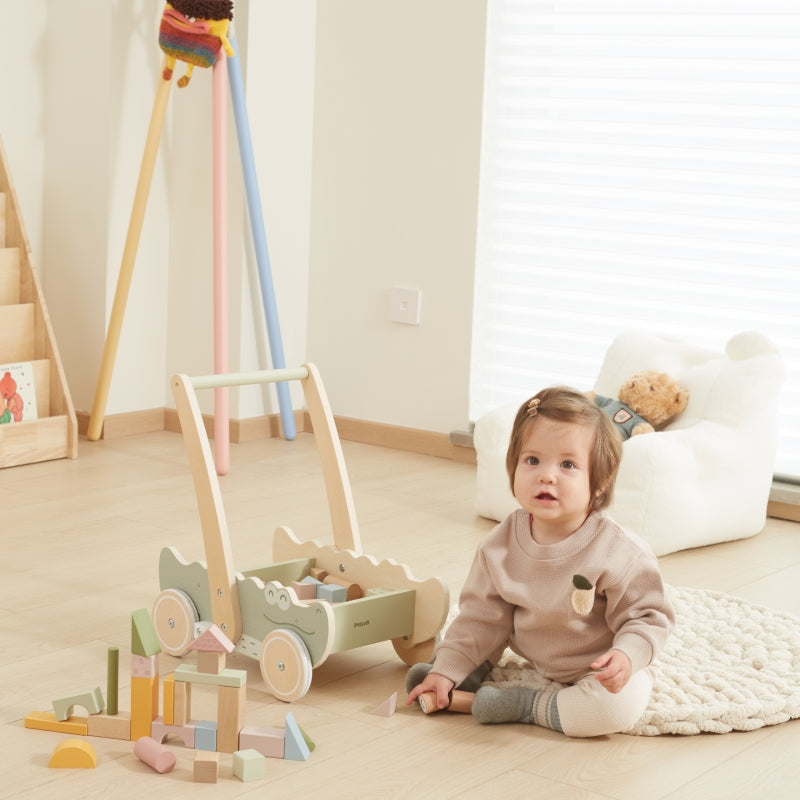 Medinis stumiamas vėžimėlis su statybiniais blokais, Viga