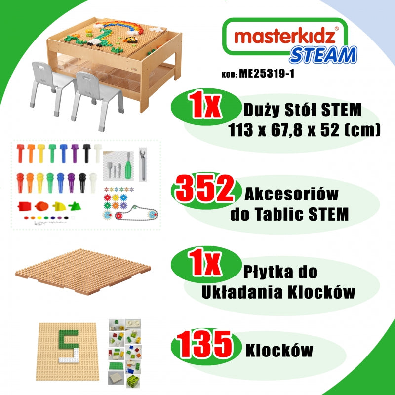 Medinis mokomasis stalas su priedais ir 135 kaladėlėmis, MASTERKIDZ