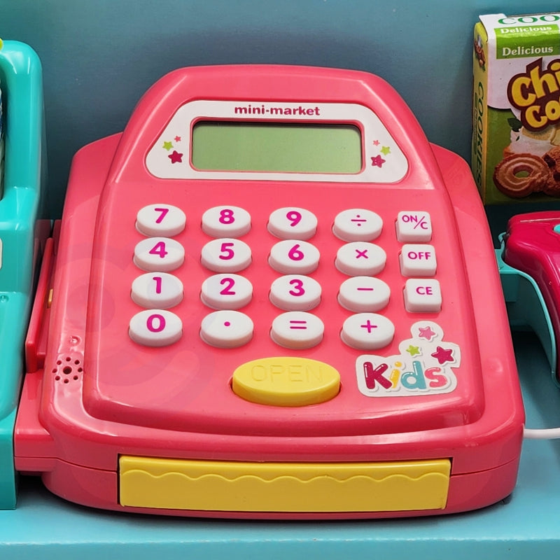 Žaislinis kasos aparatas su lentyna ir priedais, WOOPIE, rožinis