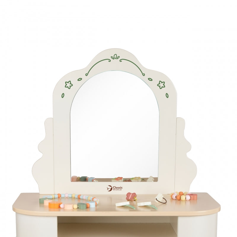 Medinis tualetinis staliukas vaikams su veidrodžiu, kėdė ir aksesuarais, CLASSIC WORLD