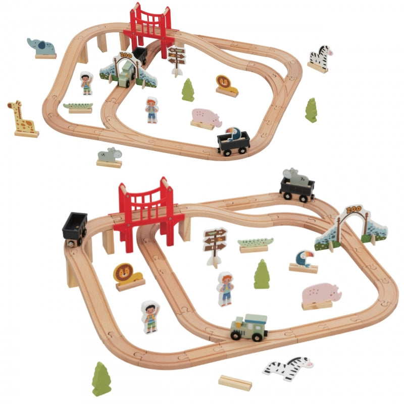Medinis traukinio trasos rinkinys su priedais „Zoologijos sodas“ 60 el. WOOPIE GREEN
