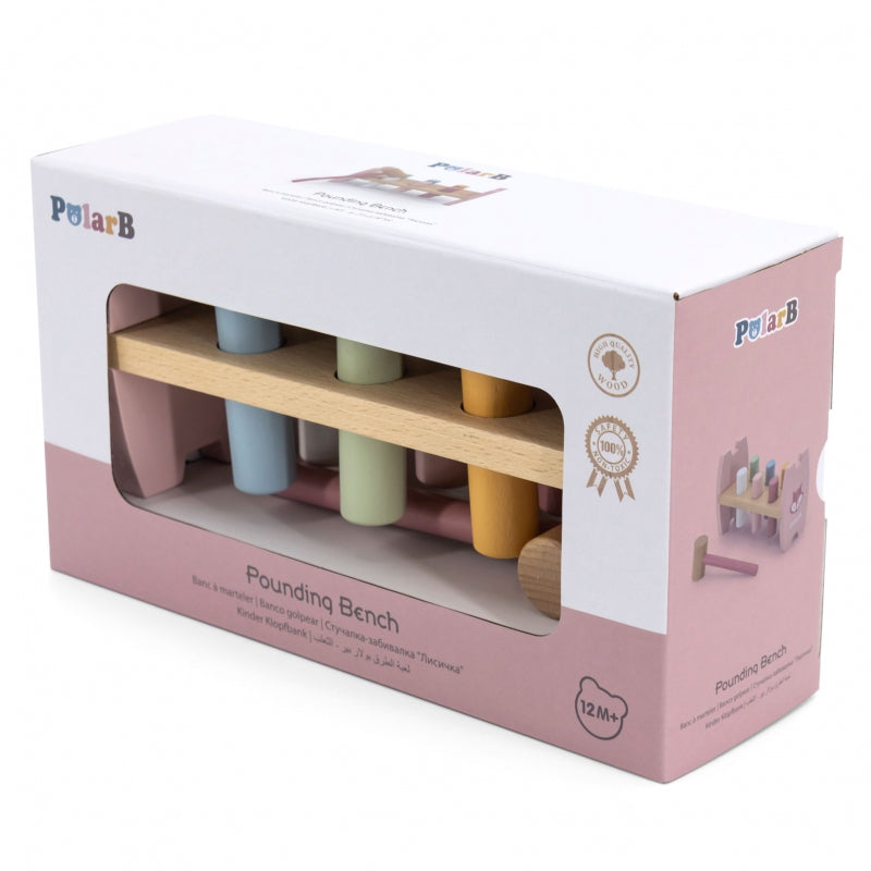 Medinis Montessori lavinamasis žaidimas su plaktuku, rožinis, Viga