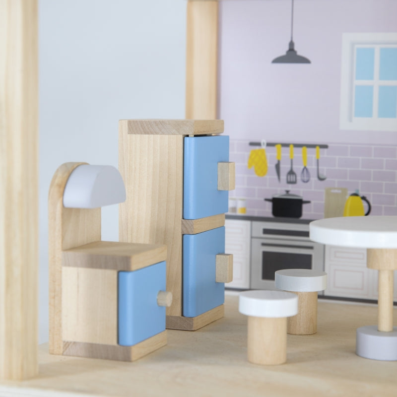 Medinis lėlių namelis su lėlėmis ir aksesuarais, VIGA