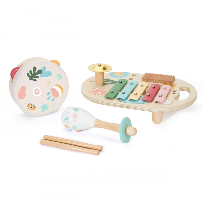 Vaikiškas muzikos instrumentų rinkinys. cimbolai, barškučiai, būgnai ir lazdelės CLASSIC WORLD