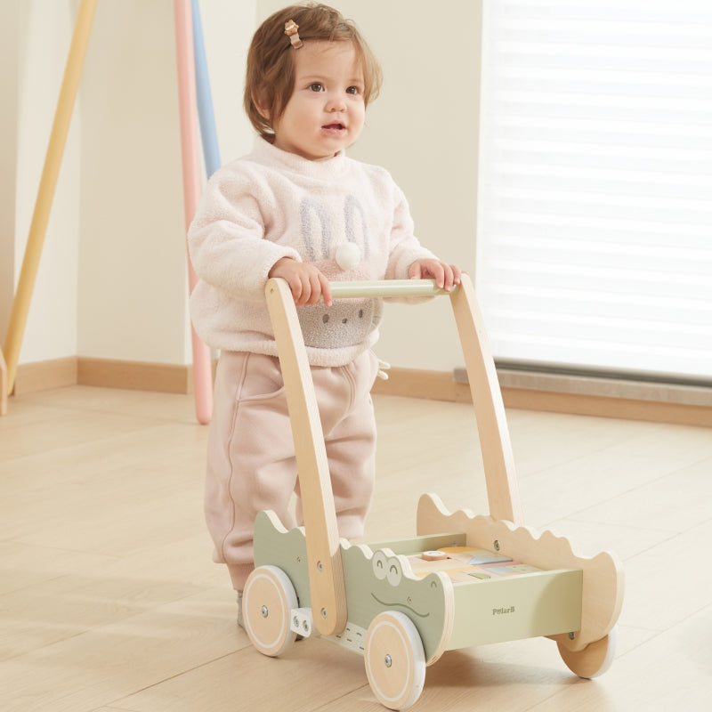 Medinis stumiamas vėžimėlis su statybiniais blokais, Viga