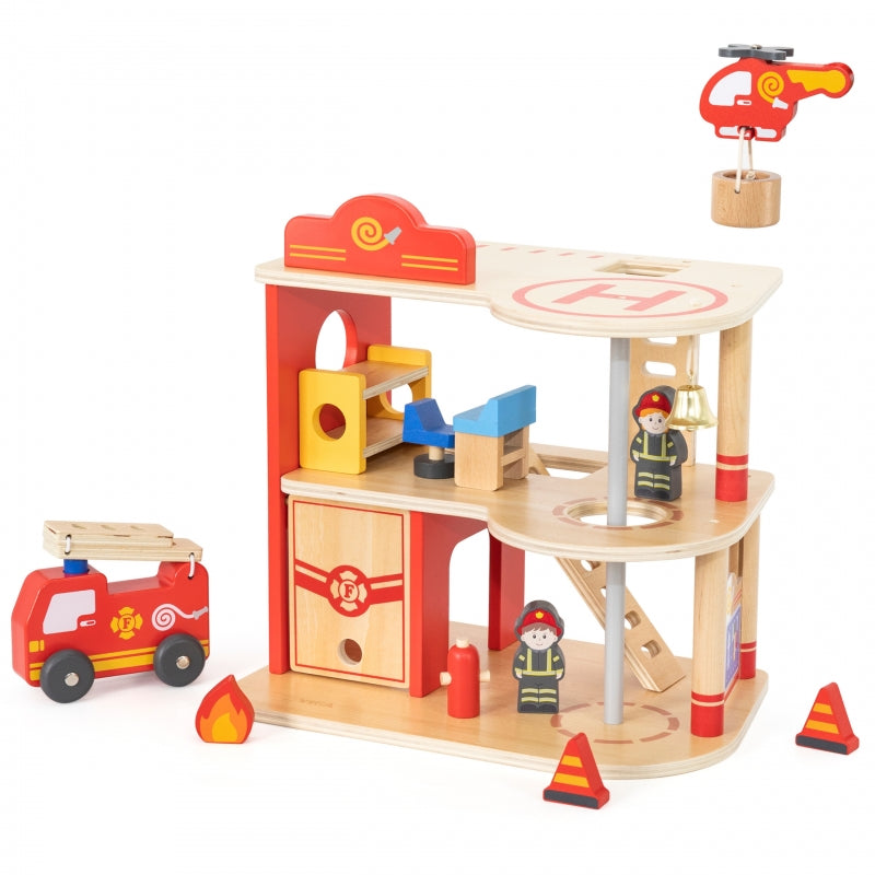 Medinis priešgaisrinės stoties rinkinys vaikams su figūrėlėmis 14 el., VIGA