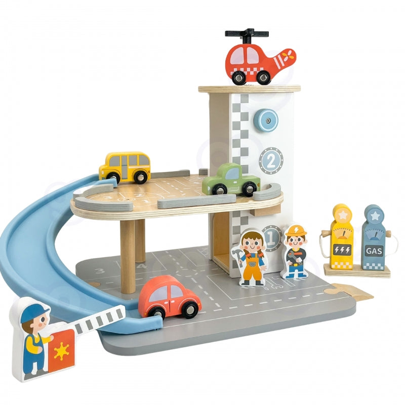 Medinė daugiaaukštė automobilių stovėjimo aikštelė 2in1 su priedais WOOPIE GREEN