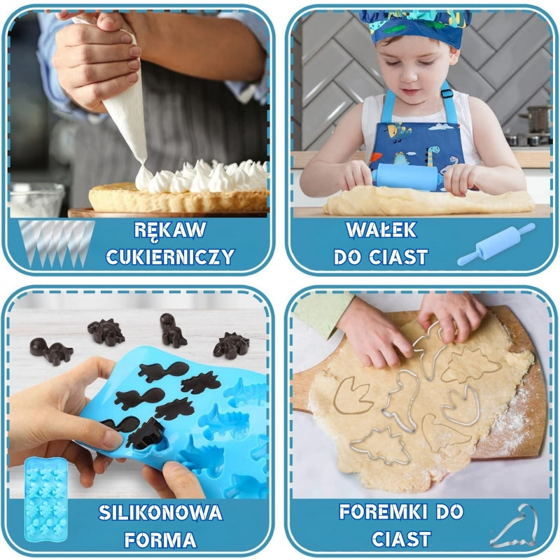 Mažojo virėjo įrankių rinkinys su prijuoste ir dinozaurų motyvu, WOOPIE