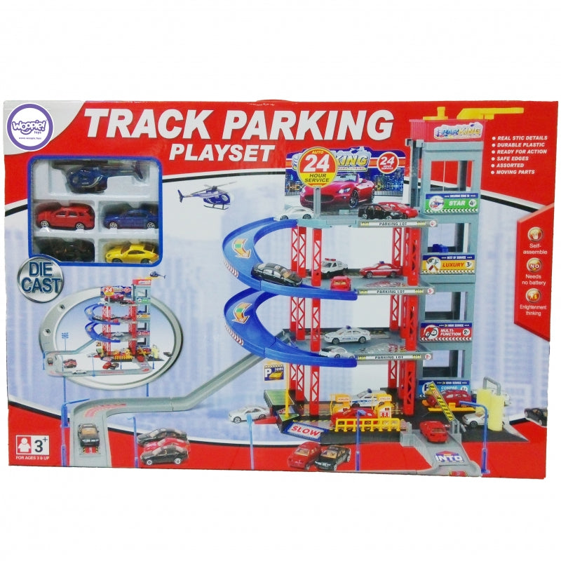 Automobilių garažas su trasa, automobiliais ir sraigtasparniu su priedais Woopie