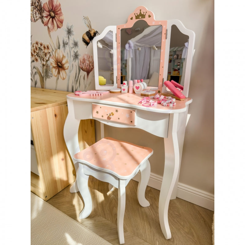 Medinis tualetinis staliukas su veidrodžiu ir aksesuarais, WOOPIE GREEN