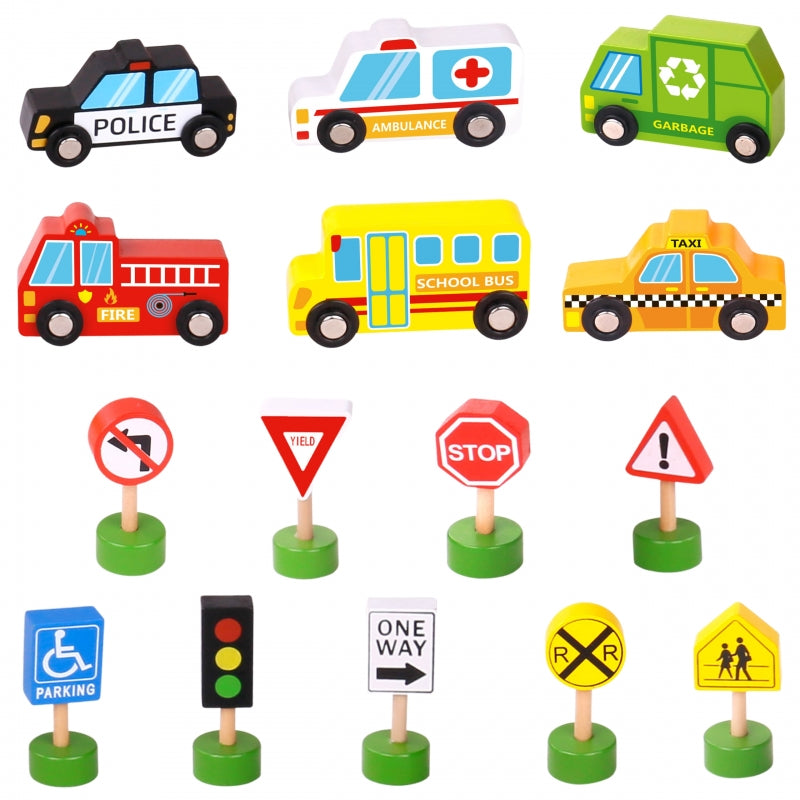 Medinių transporto priemonių ir kelio ženklų rinkinys 15 vnt., WOOPIE GREEN