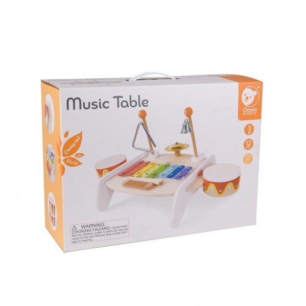 Muzikos instrumentų rinkinys. Ksilofonas, būgnai, trikampis, varpelis, lazdelės CLASSIC WORLD 9vnt. 