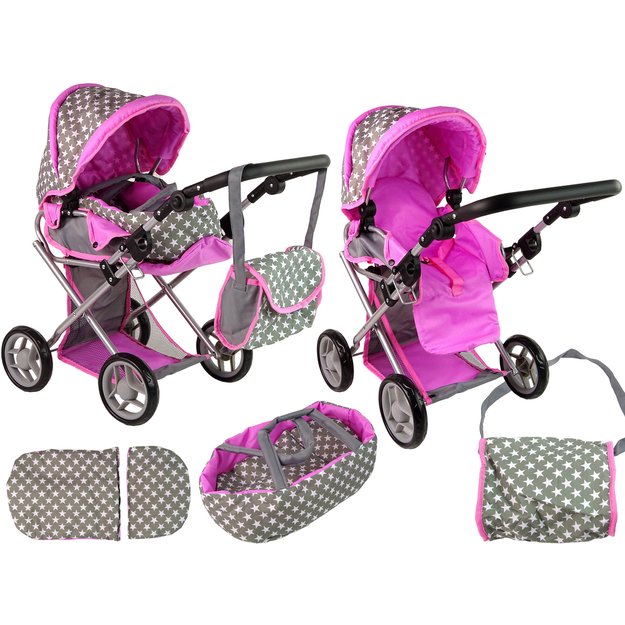 Lėlių vežimėlis su krepšiu 2in1, pilkai rožinis su žvaigždėmis