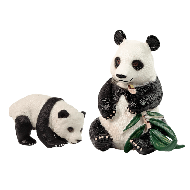 Figūrėlių rinkinys, panda su jaunikliu ir bambuko lapais