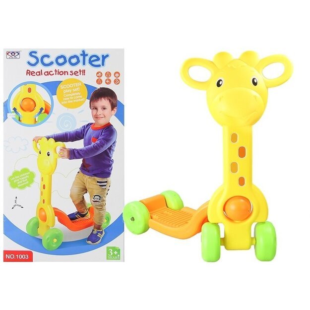 Vaikiškas keturių ratų paspirtukas žirafos formos, geltonas