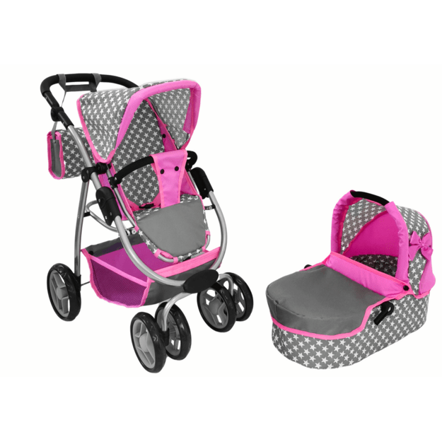 Lėlių vežimėlis su krepšiu ir dėže 2in1, rožinis su žvaigždutėmis