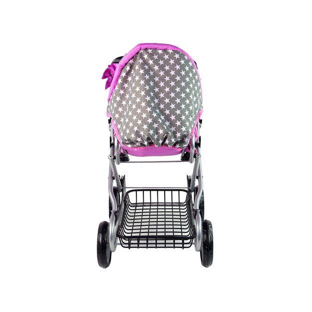 Lėlių vežimėlis su krepšiu 2in1, rožinis su žvaigždutėmis