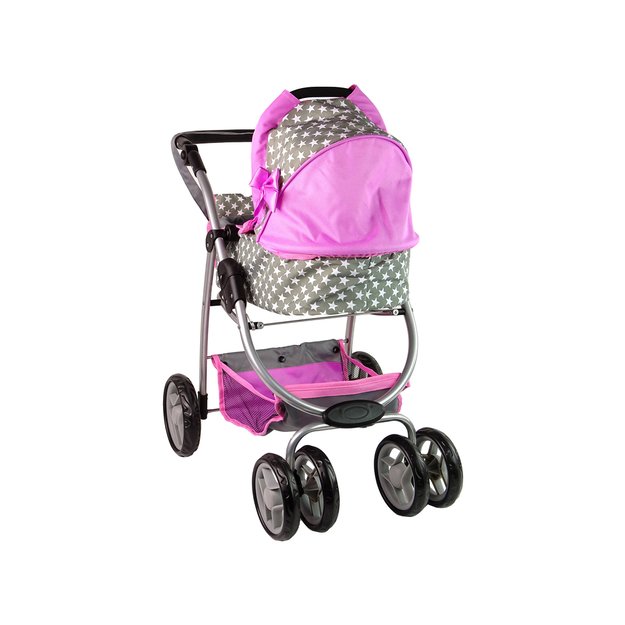 Lėlių vežimėlis su krepšiu ir dėže 2in1, rožinis su žvaigždutėmis