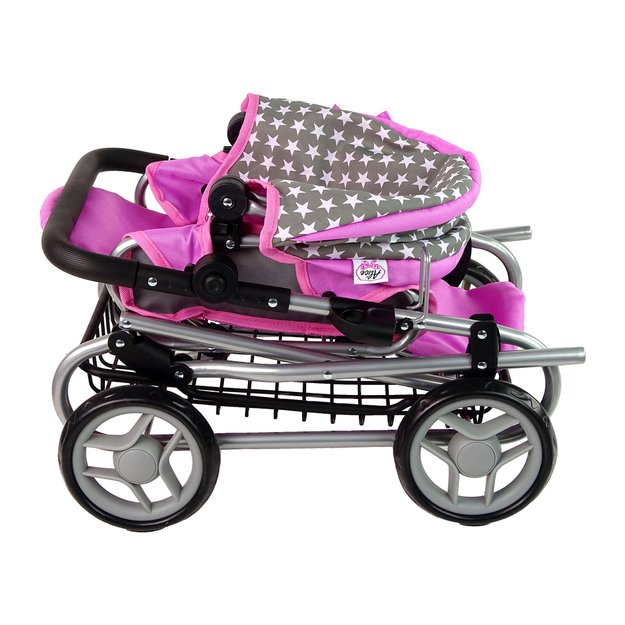 Lėlių vežimėlis su krepšiu 2in1, rožinis su žvaigždutėmis
