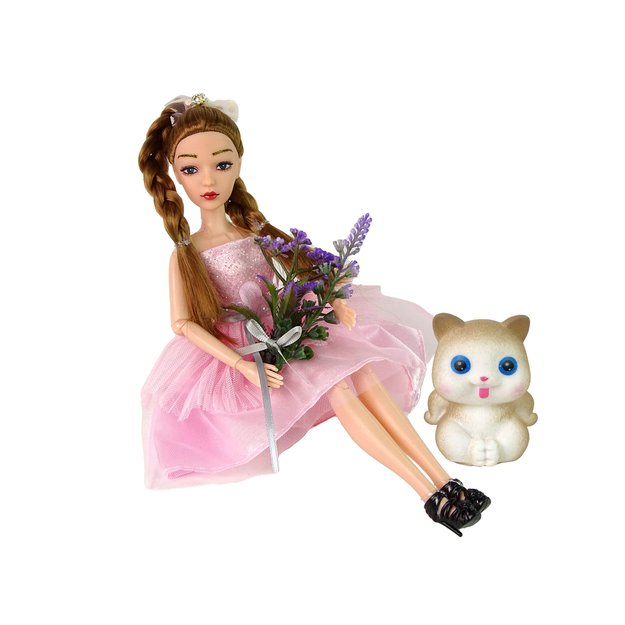 Lėlė Emily su kačiuku ir gėlėmis