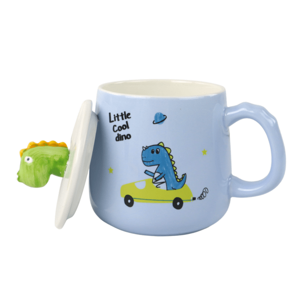 Vaikiškas keraminis puodelis su šaukštu ir dangteliu, dinozauras, mėlynas
