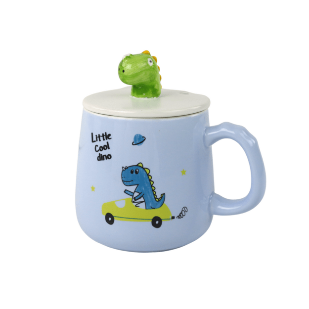 Vaikiškas keraminis puodelis su šaukštu ir dangteliu, dinozauras, mėlynas