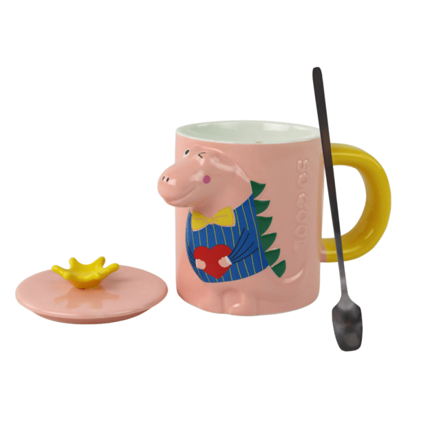 Vaikiškas keraminis puodelis su šaukštu ir dangteliu, 3D dinozauras, rožinis