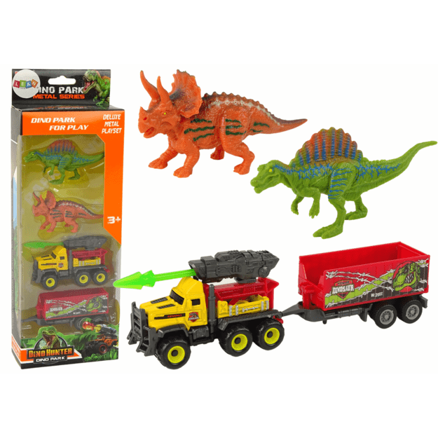 Sunkvežimio ir dinozaurų figūrėlių rinkinys su priekaba, geltonas