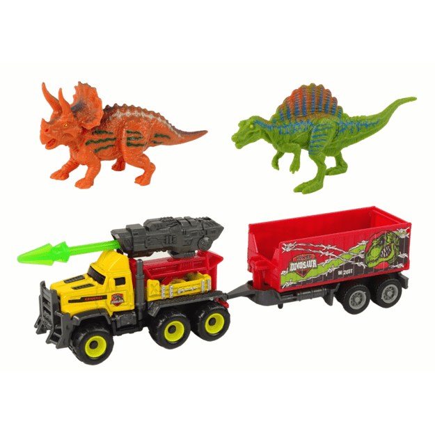 Sunkvežimio ir dinozaurų figūrėlių rinkinys su priekaba, geltonas