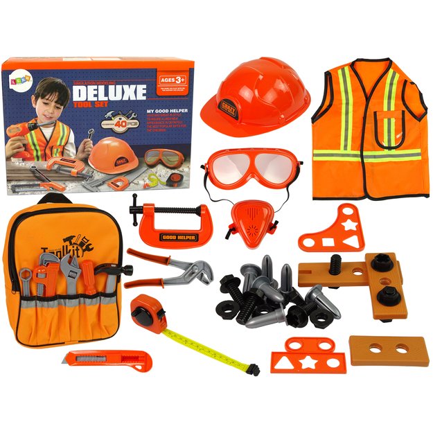 Didelis įrankių rinkinys, kuprinė, šalmas, oranžiniai akiniai, 40 elem.