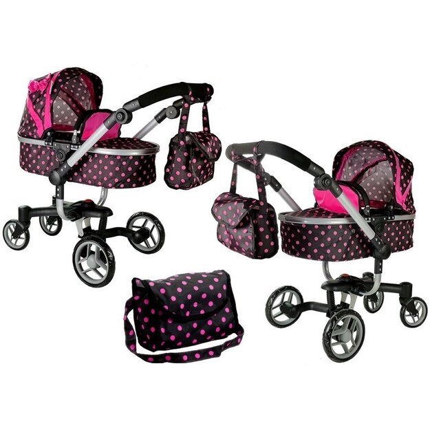 Didelis lėlių vežimėlis ir krepšys, juodai rožinis