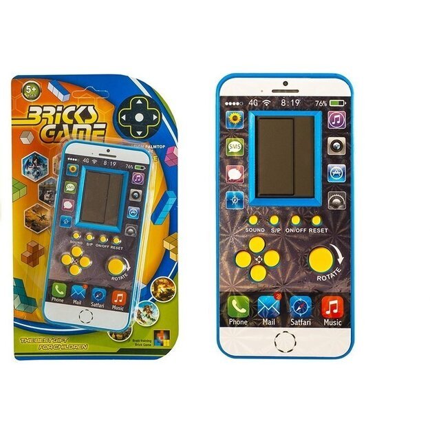 Mobiliojo telefono formos Tetris žaidimas su garso efektais, mėlynas