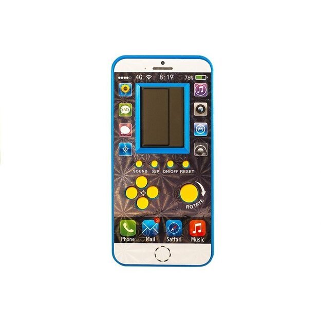 Mobiliojo telefono formos Tetris žaidimas su garso efektais, mėlynas