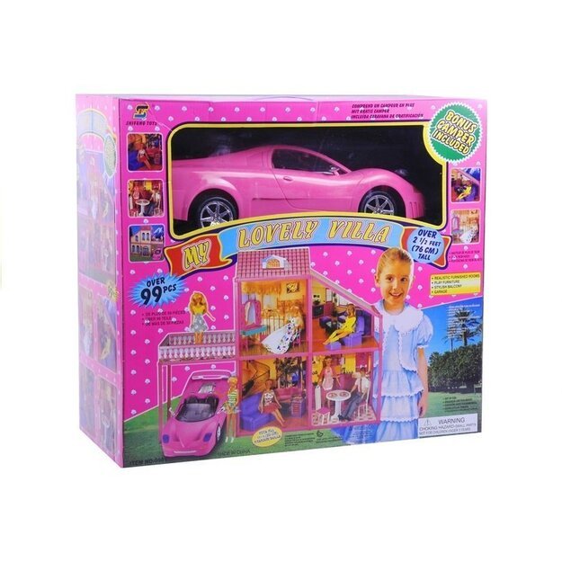 Lėlių namelis su rožiniu automobiliu ir priedais