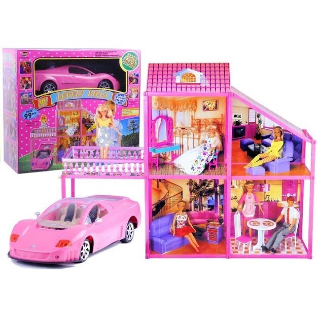 Lėlių namelis su rožiniu automobiliu ir priedais