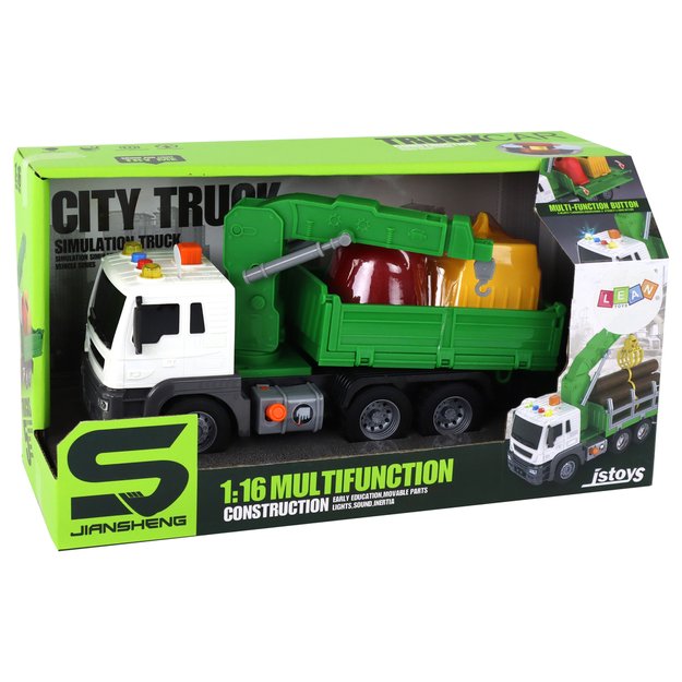 Žaislinis šiukšliavežis su kranu ir garso efektais, žalias