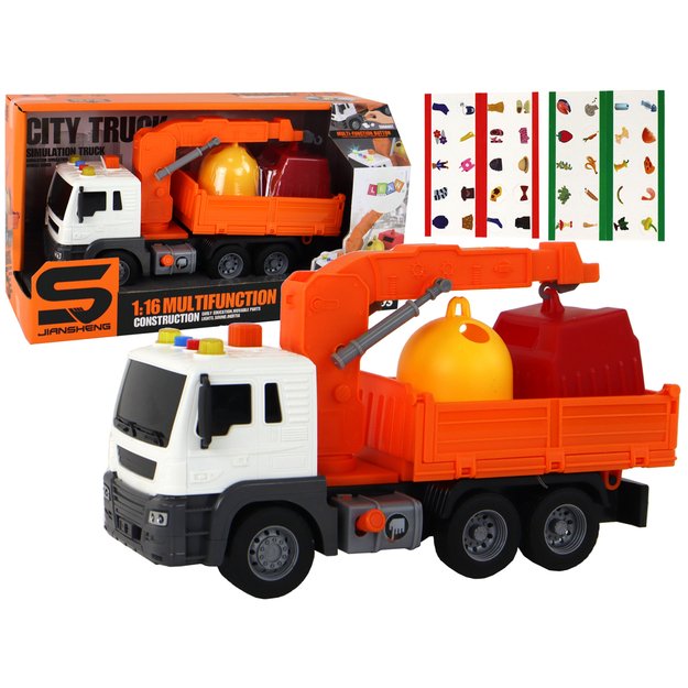 Žaislinis šiukšliavežis su kranu ir garso efektais, oranžinis