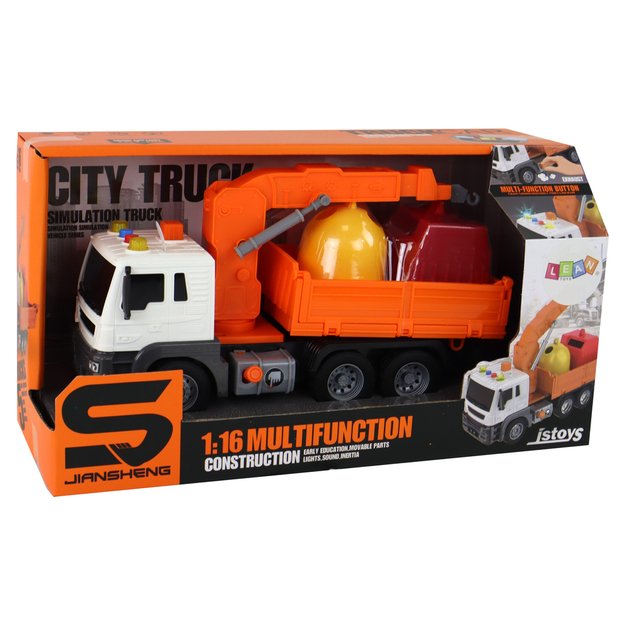 Žaislinis šiukšliavežis su kranu ir garso efektais, oranžinis