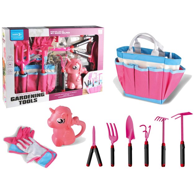 Sodo įrankių rinkinys su krepšiu, rožinis