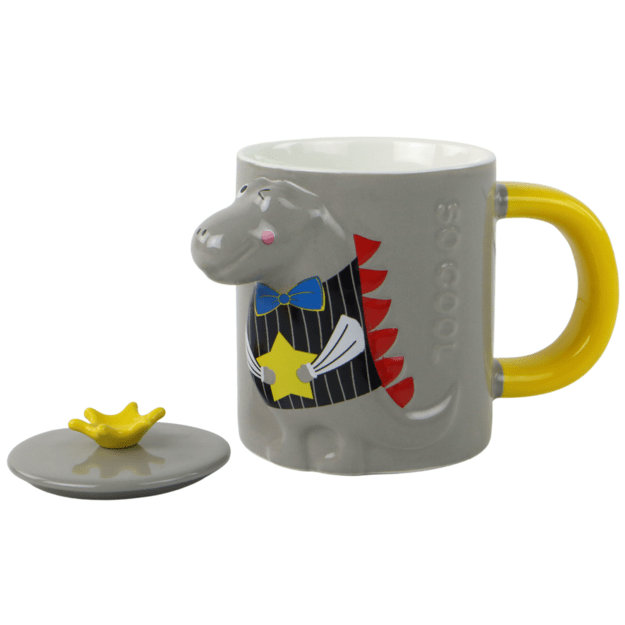Vaikiškas keraminis puodelis su šaukštu ir dangteliu, dinozauras, pilka