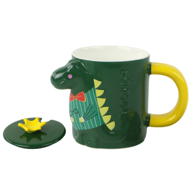 Vaikiškas keraminis puodelis su šaukštu ir dangteliu, dinozauras, žalia
