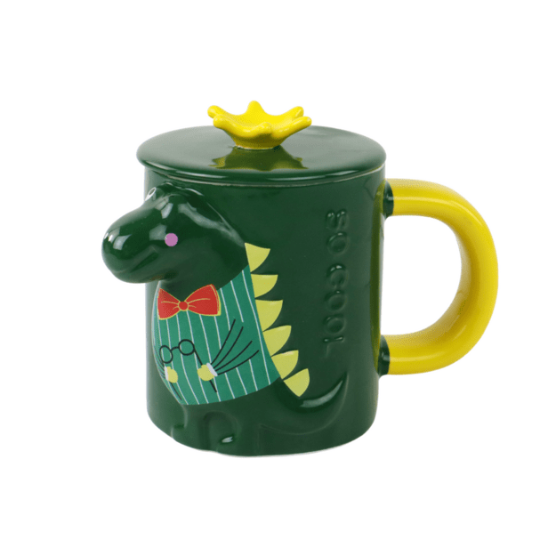 Vaikiškas keraminis puodelis su šaukštu ir dangteliu, dinozauras, žalia