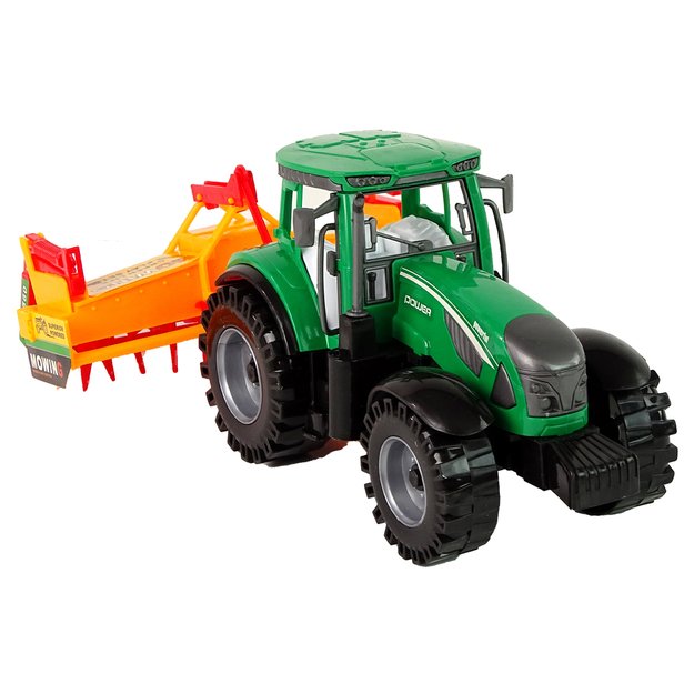 Traktorius su oranžiniu kultivatoriumi