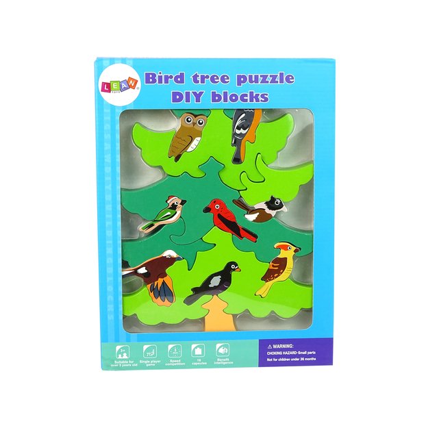 Medinės dėlionė eglė su paukščiais